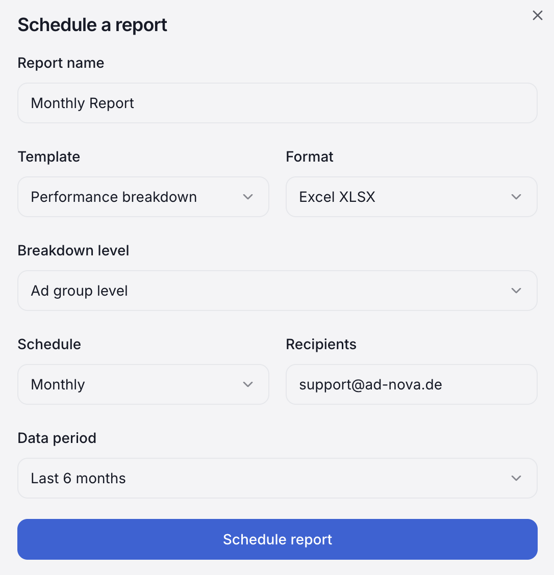 Adnova scheduled report dialog with template, format, breakdown level, schedule and recipients